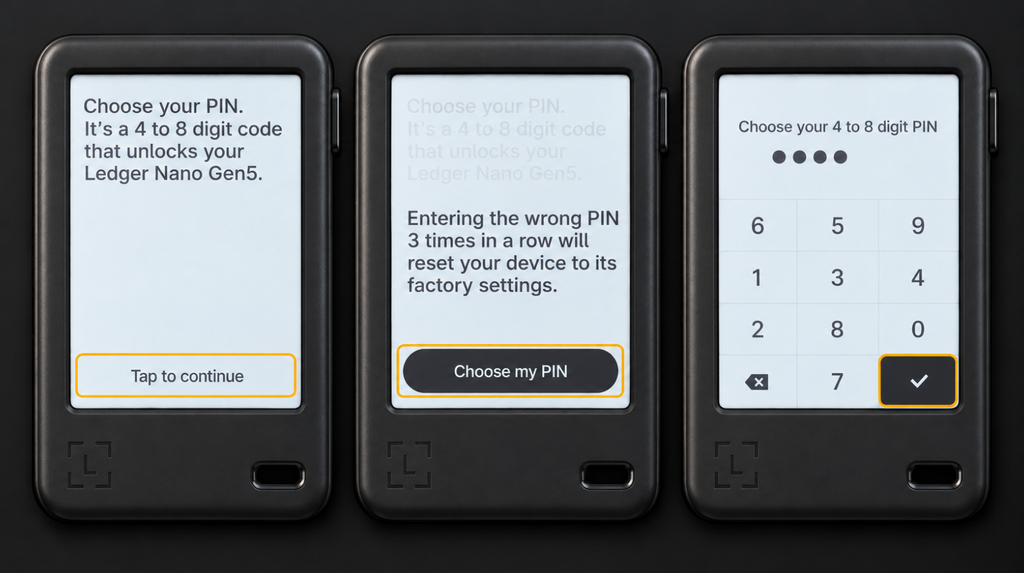 Choosing a PIN of 4 to 8 digits on Nano Gen5 with the warning about three incorrect attempts