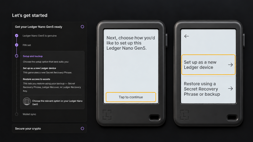 Selecting Set up as a new Ledger device to create a wallet on Nano Gen5