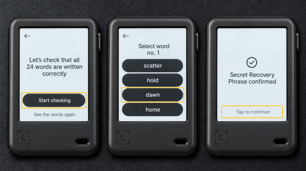 Checking recorded words on Nano Gen5 and the Secret Recovery Phrase confirmed screen