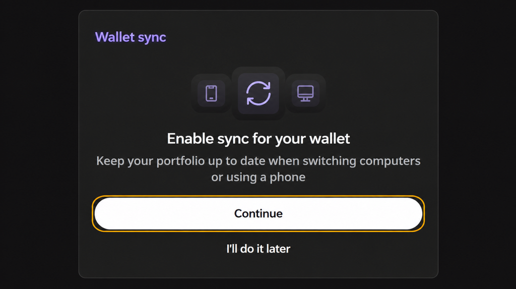 Enabling account sync with Continue on the Ledger Wallet sync screen