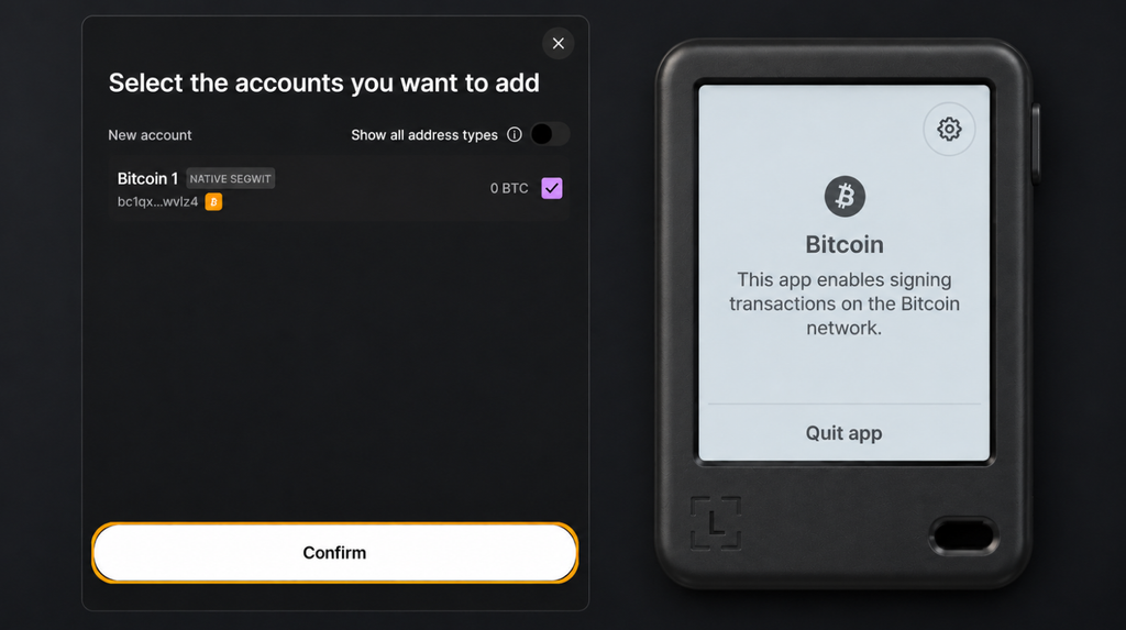 Adding Bitcoin 1 Native SegWit with Confirm and the Bitcoin app open on Gen5