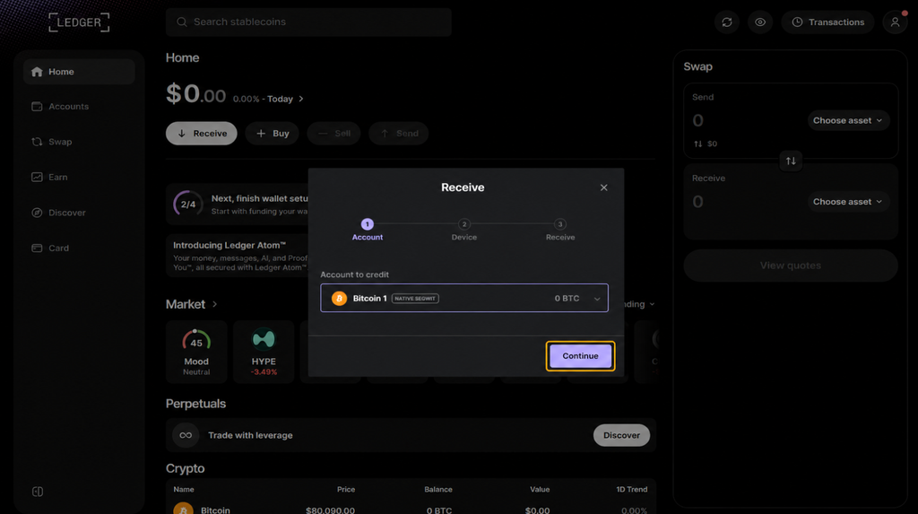 Selecting Bitcoin 1 and Continue in the Ledger Wallet Receive window
