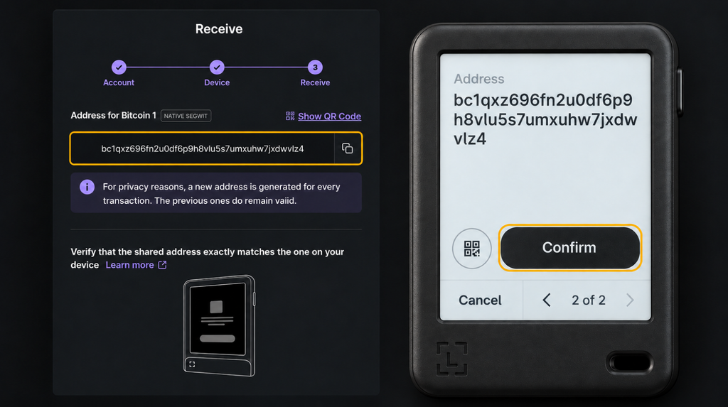 Comparing a Bitcoin address in Ledger Wallet and on Nano Gen5 before tapping Confirm