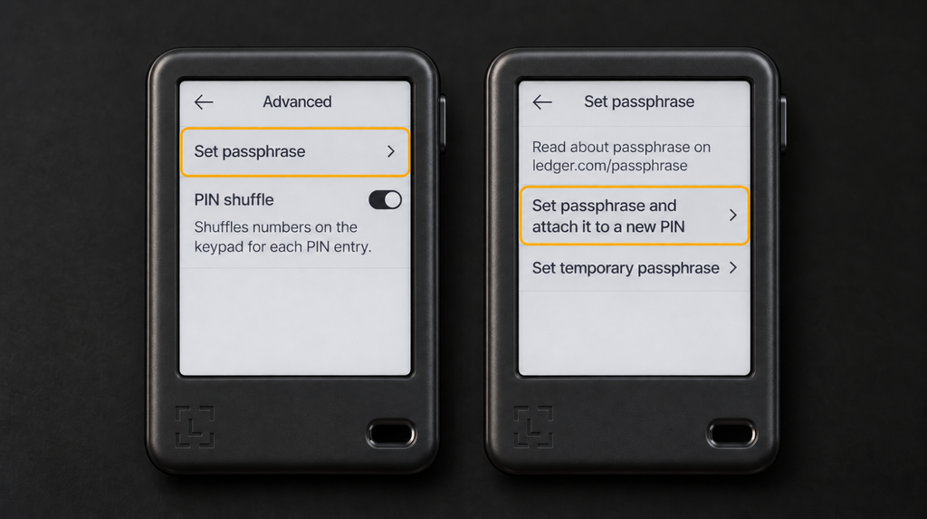 Nano Gen5 Advanced menu and the option to attach a passphrase to a new PIN