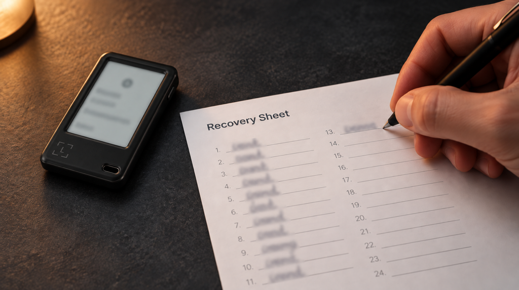 Запис seed-фрази на Recovery Sheet поруч із Ledger Nano Gen5