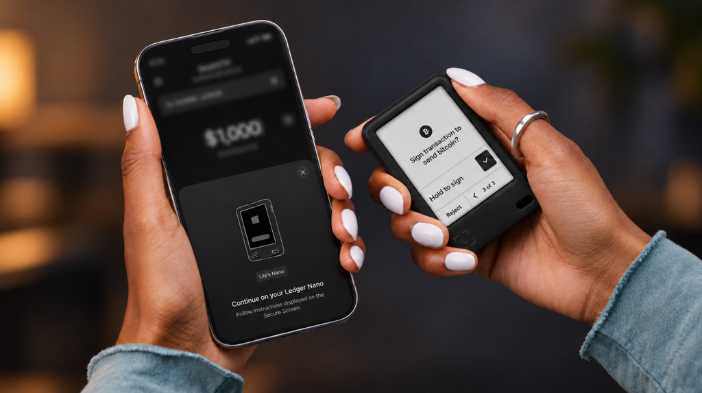 Підтвердження транзакції на чорному Ledger Nano Gen5 поруч зі смартфоном