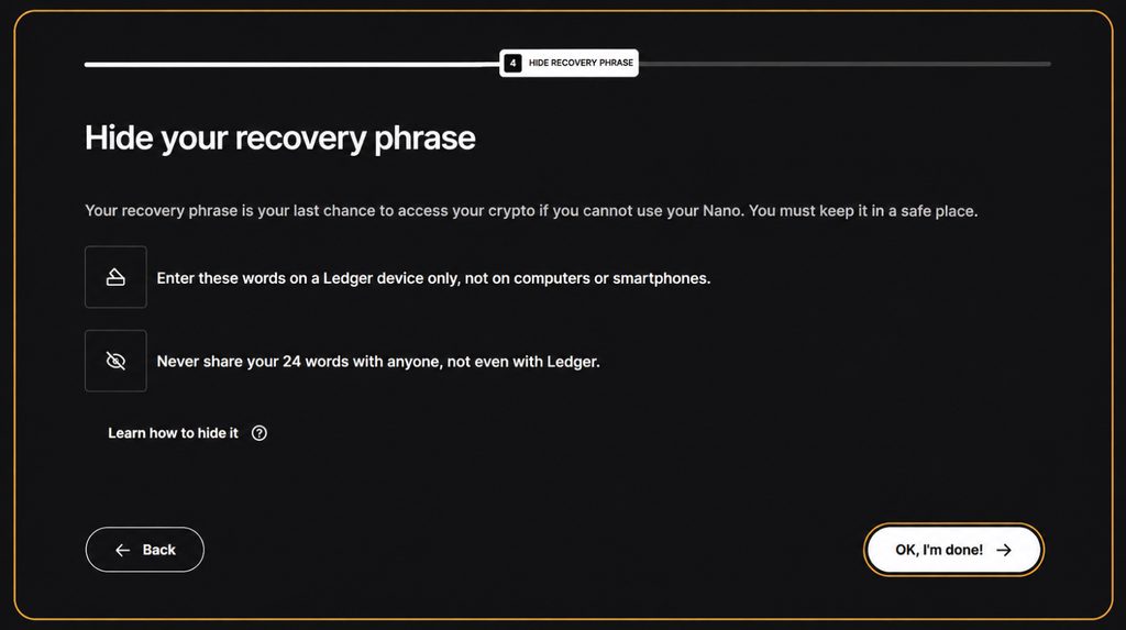 Hide your recovery phrase screen and completion button in Ledger Wallet