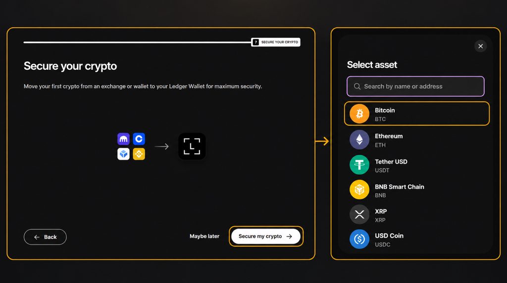 Secure my crypto button and Bitcoin asset selection in Ledger Wallet