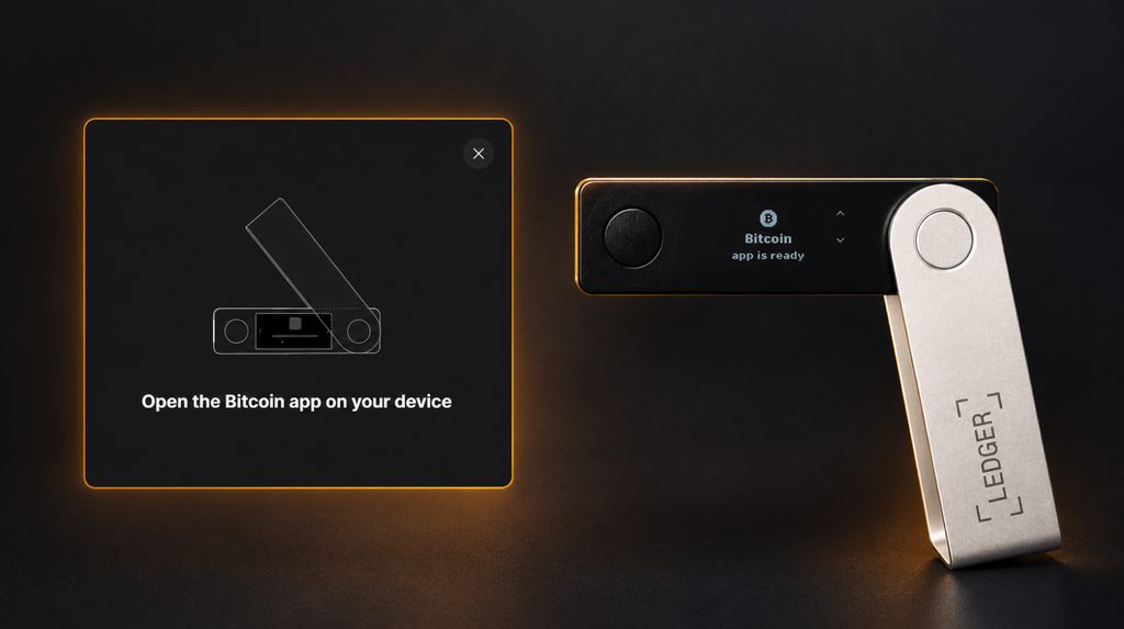 Ledger Wallet prompt and the Bitcoin app open on the Ledger Nano X