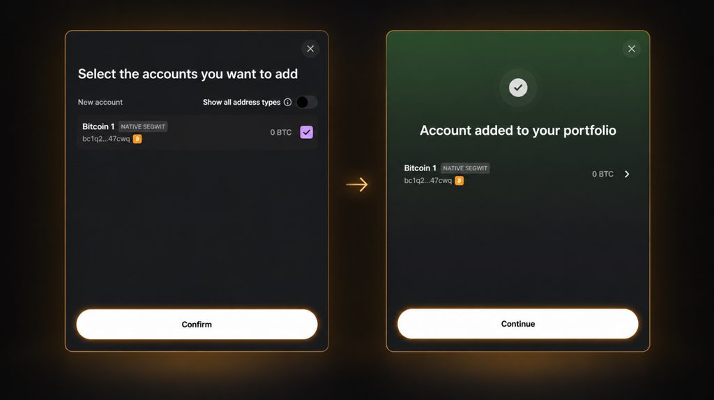 Selecting the Bitcoin 1 account and confirming its addition in Ledger Wallet