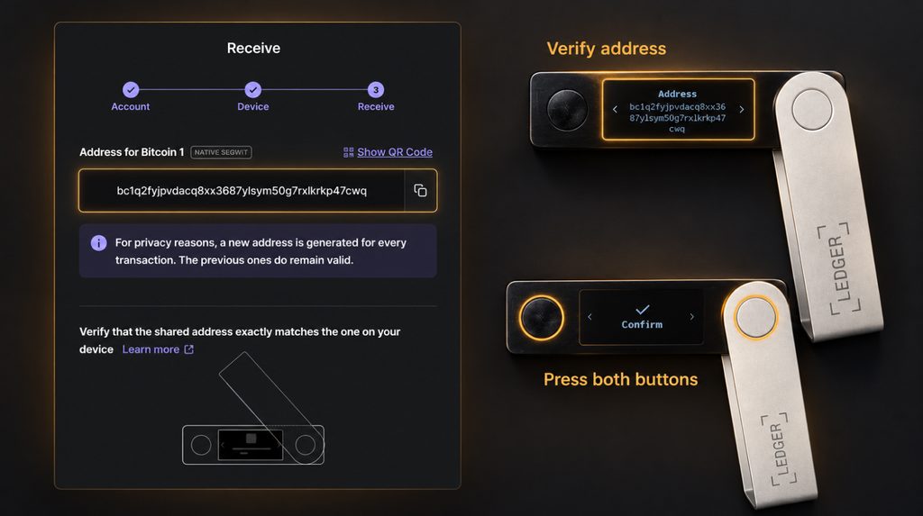 Comparing the Bitcoin address in Ledger Wallet and on Nano X, then confirming with both buttons