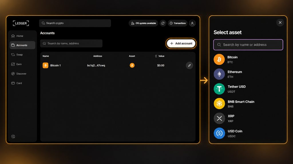 Accounts page, Add account button and asset list in Ledger Wallet