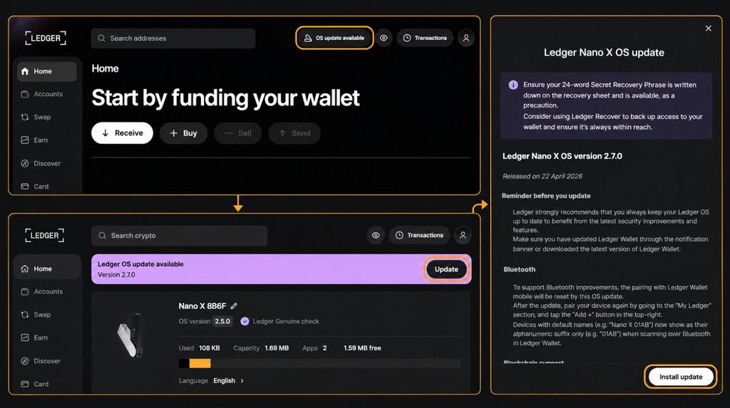 Starting the Ledger Nano X OS update from version 2.5.0 to 2.7.0 in Ledger Wallet