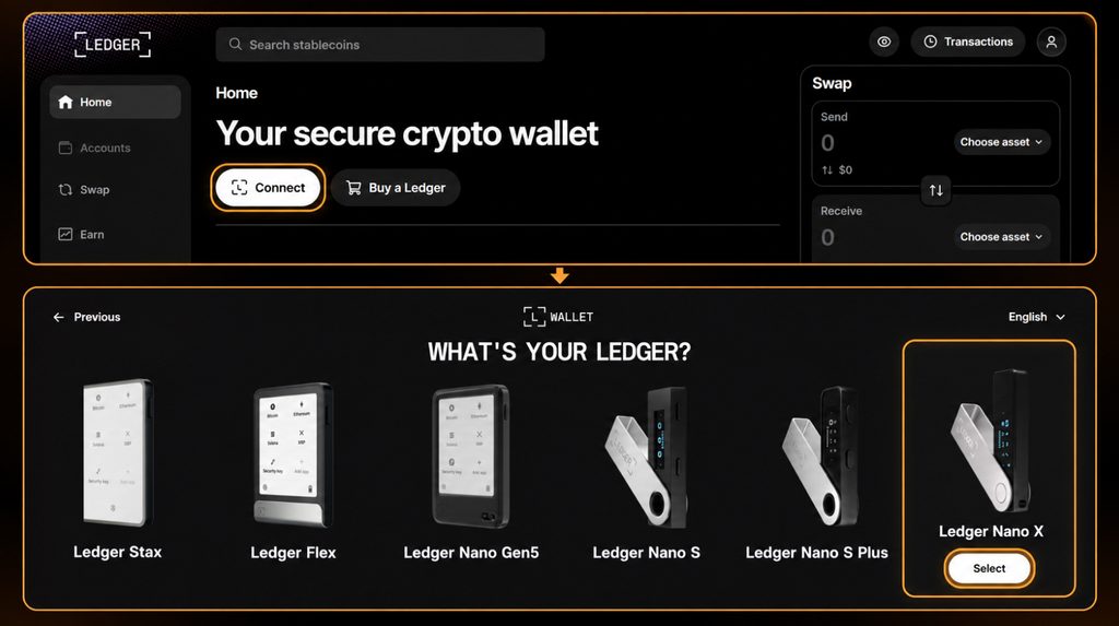Connect button in Ledger Wallet and selection of the Nano X model
