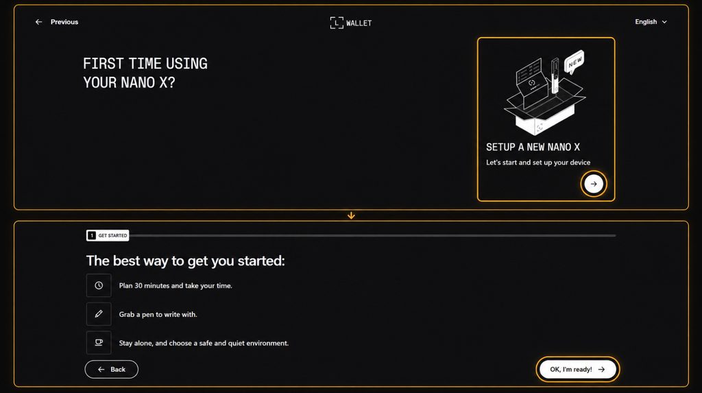 Setup a New Nano X option and setup preparation in Ledger Wallet