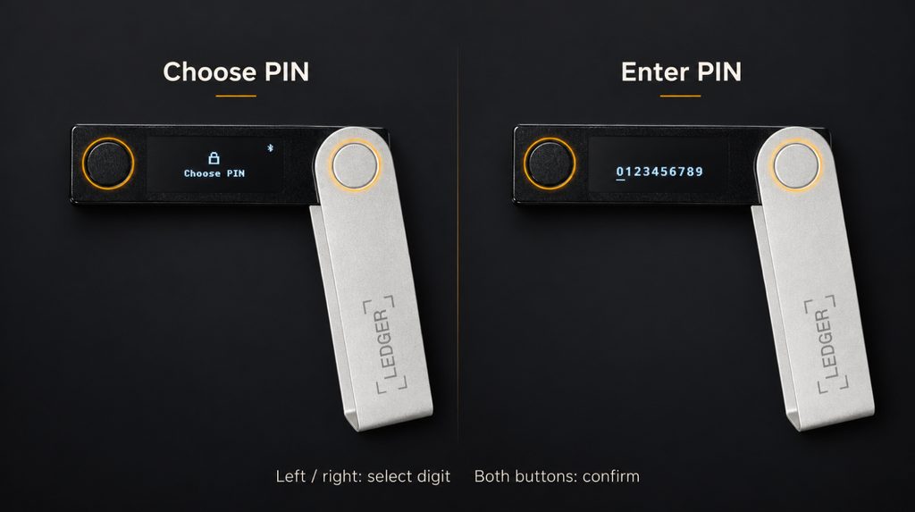Choosing a PIN and entering digits with the Ledger Nano X buttons