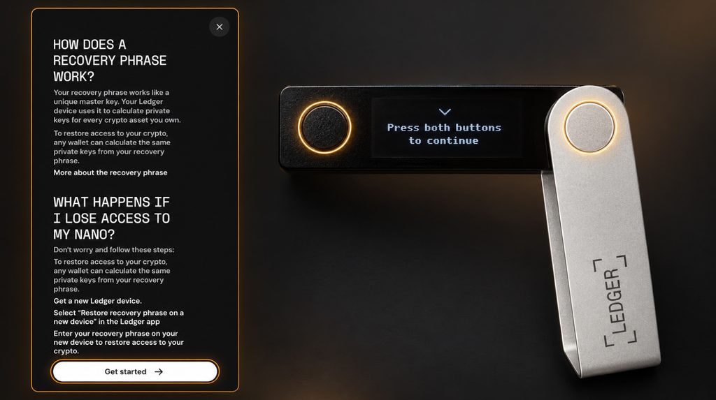 Recovery phrase instructions in Ledger Wallet and the prompt to continue on Nano X