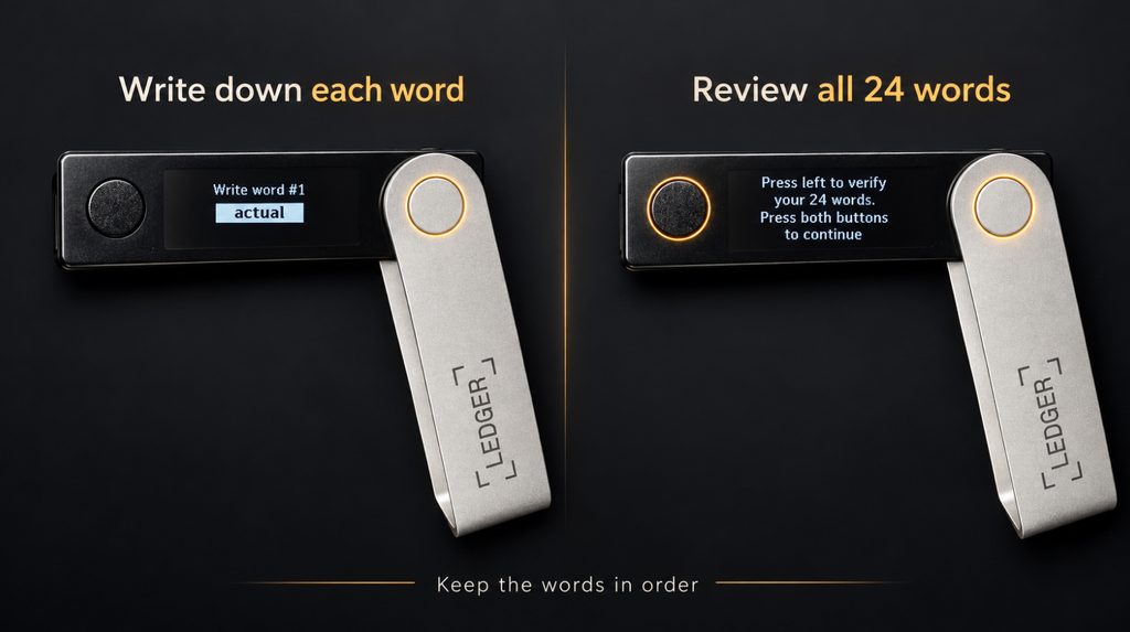 Example recovery word and review of the 24 words on the Nano X
