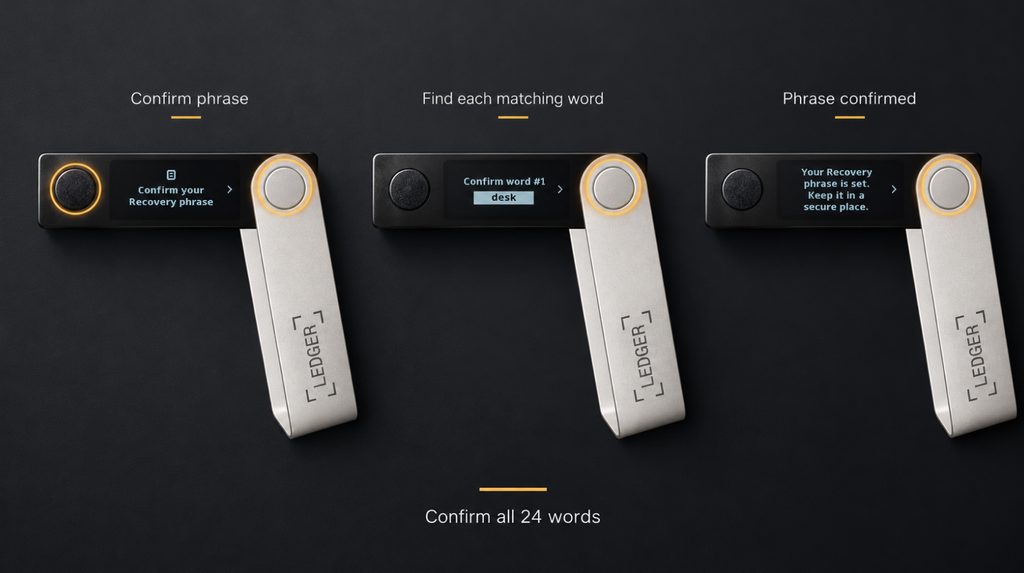 Selecting words by number and completing the recovery phrase check on Nano X