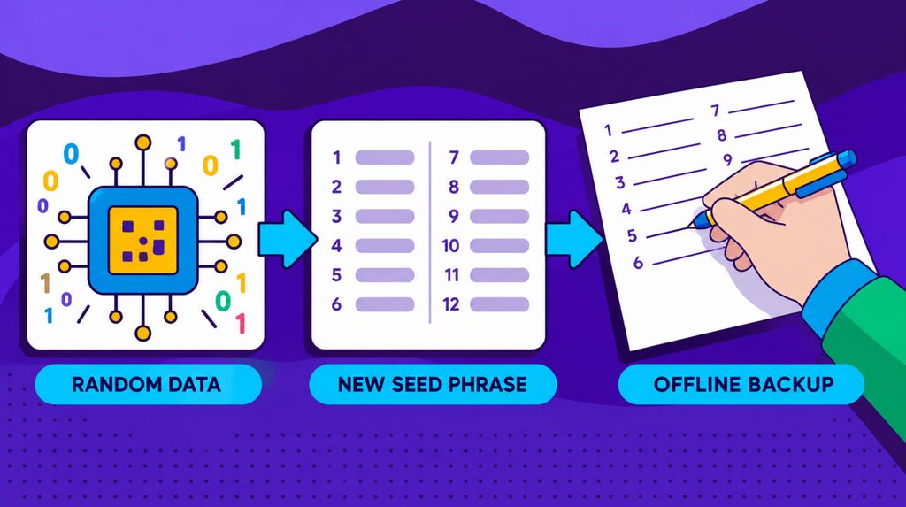 Generating a seed phrase from random data and writing the backup on paper