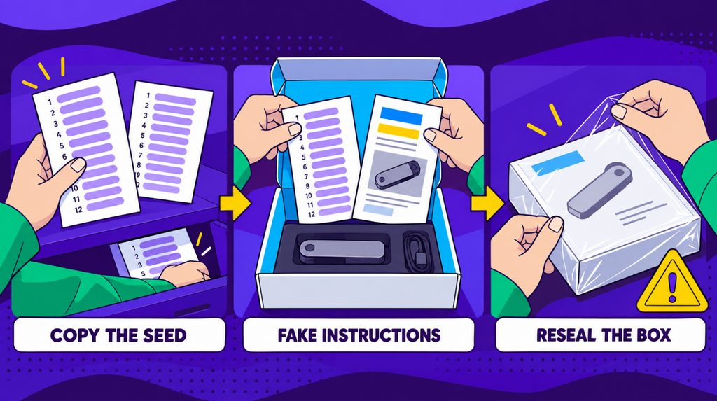 Scammers copying a seed phrase, adding fake instructions, and repackaging a wallet