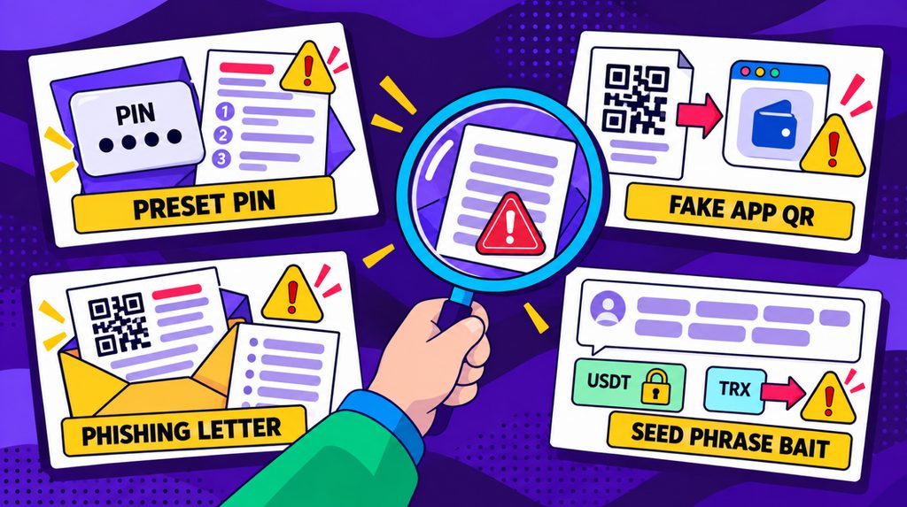 A preset PIN, a QR code linking to a fake app, a phishing letter, and a seed phrase used as bait