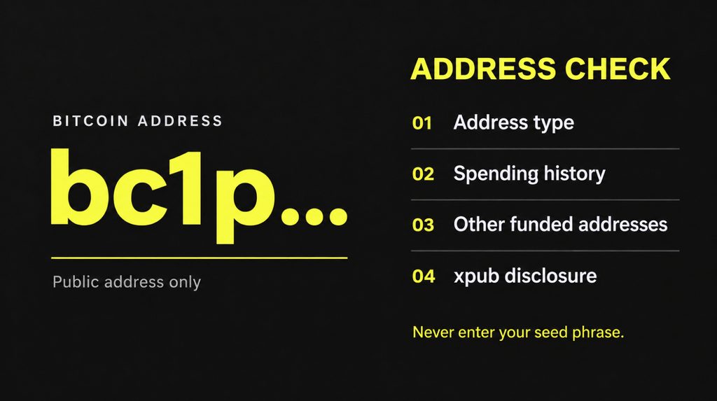 Checking a Bitcoin address: output type, spending history, other funded addresses and xpub exposure