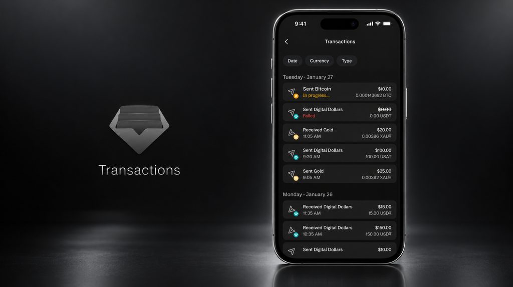 Transaction history in the Tether Wallet app on a smartphone