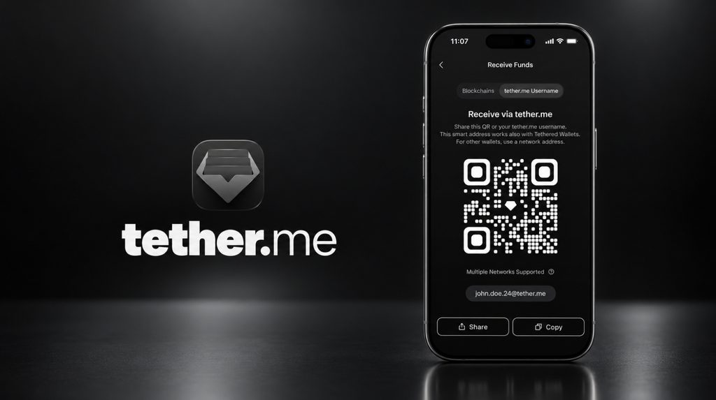 Tether Wallet receive screen showing a tether.me username and QR code