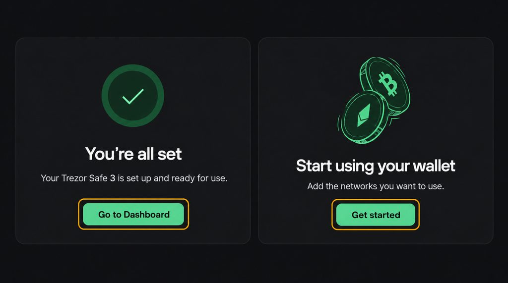 Completing Safe 3 setup and opening the network selection process in Trezor Suite