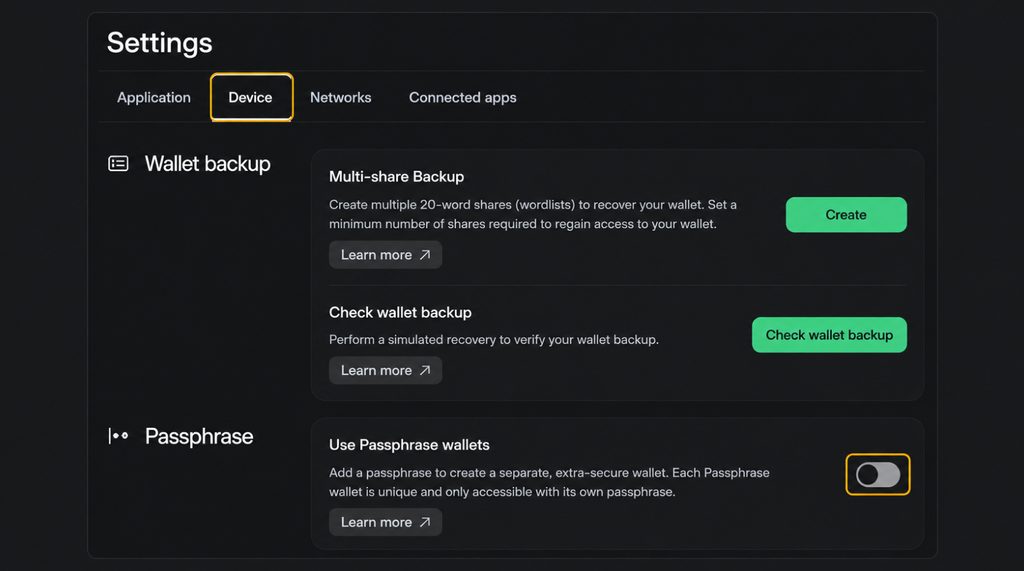 Wallet backup check and Use Passphrase wallets toggle in Suite Device settings