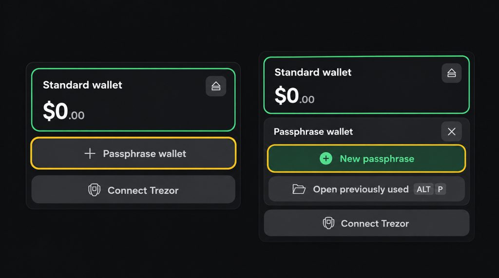 Creating a hidden wallet through Passphrase wallet and New passphrase in Suite