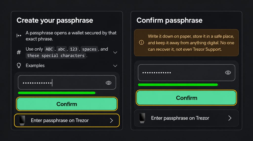 Create and confirm passphrase dialogs with the option to enter it on Trezor