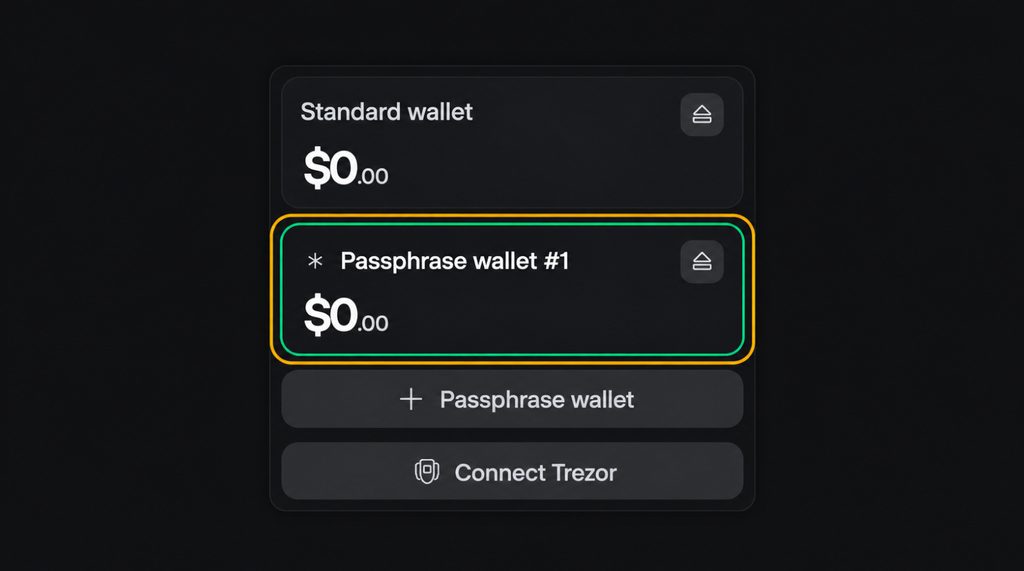 Standard and passphrase wallets in the Trezor Suite menu before reopening a wallet