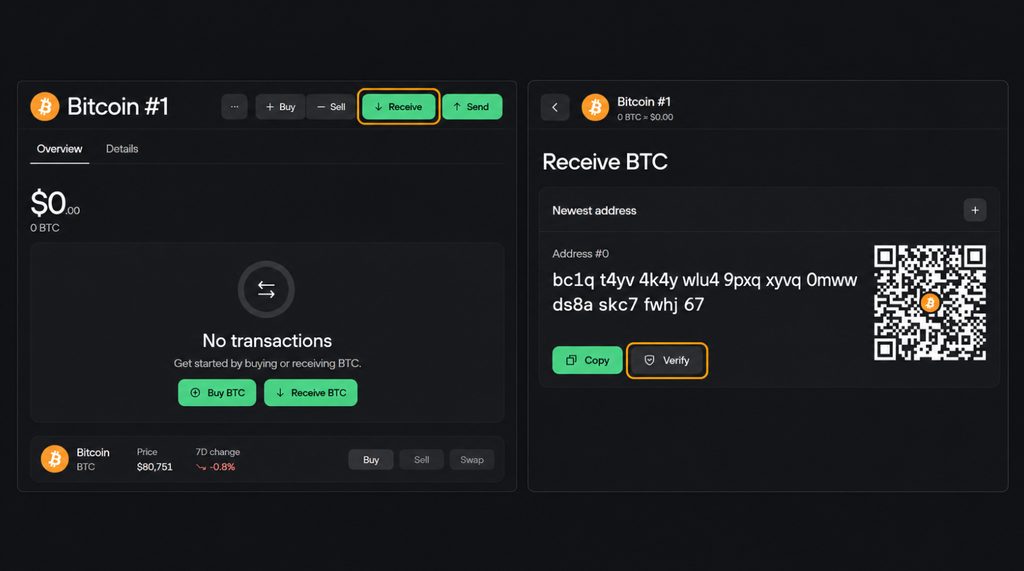 Bitcoin account in Trezor Suite and the Verify button for checking a receiving address
