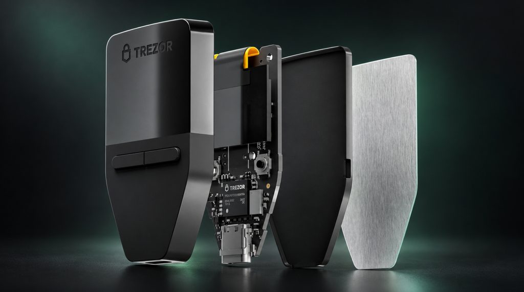 Trezor Safe 3 case, circuit board and rear panel in an exploded view