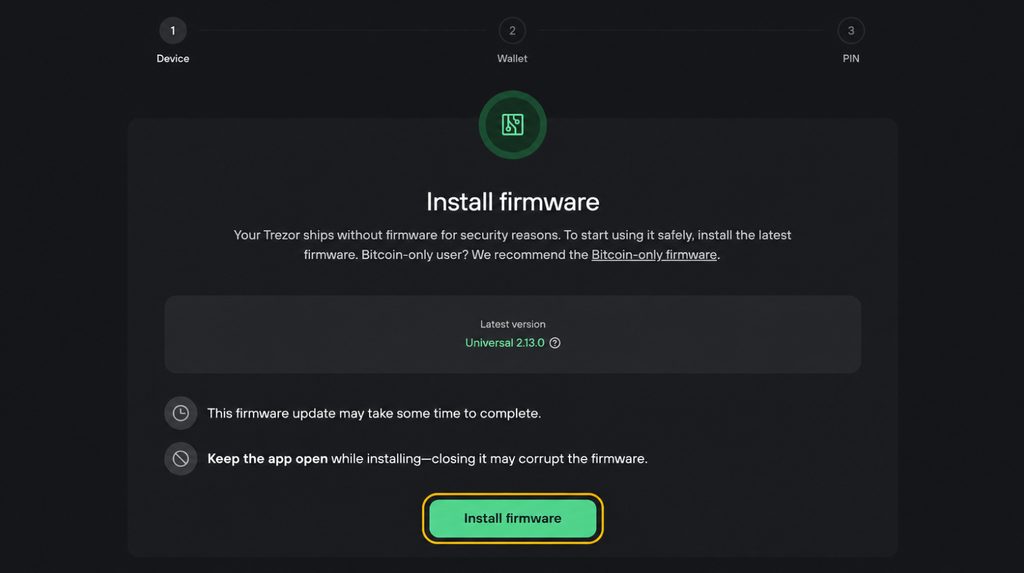 Installing Trezor Safe 3 firmware in desktop Trezor Suite
