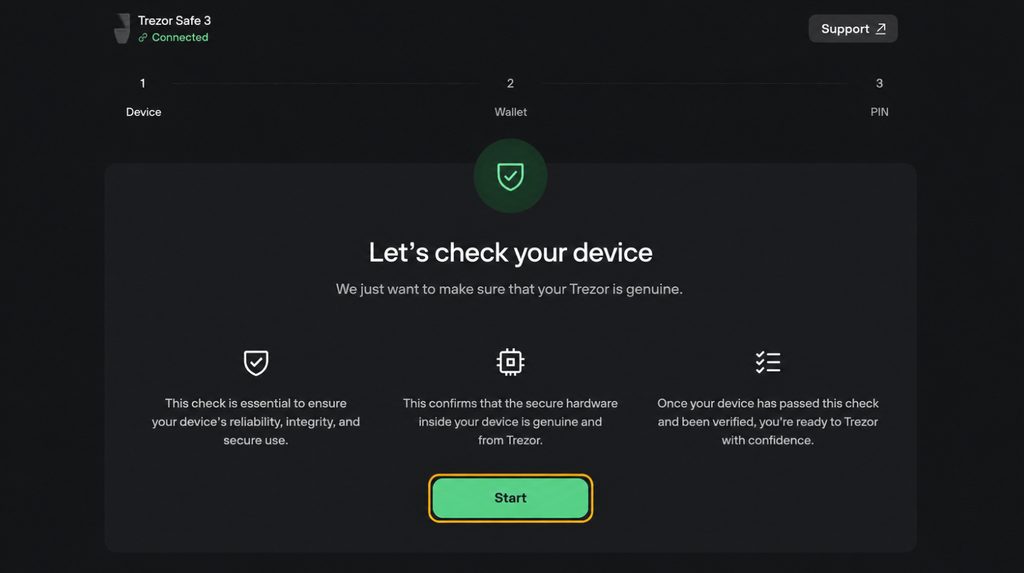 Starting the Trezor Safe 3 authenticity check with the Start button in Suite