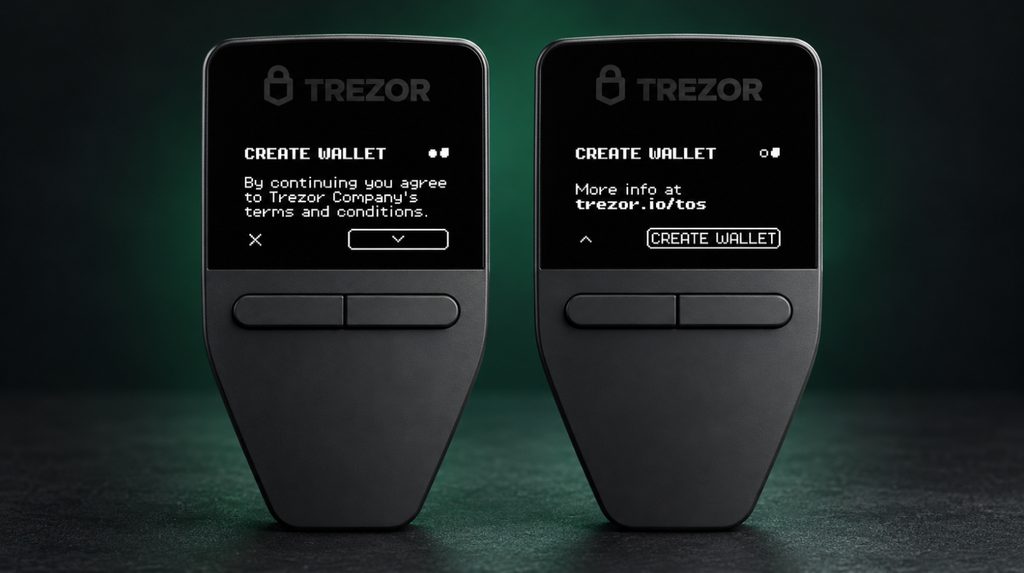 Accepting the terms and confirming wallet creation on the Trezor Safe 3