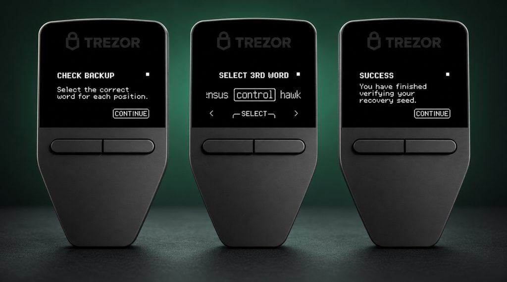 Checking a backup word on the Trezor Safe 3 and the SUCCESS screen