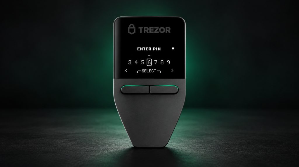 Entering a PIN with the Trezor Safe 3 buttons and selecting a digit on screen