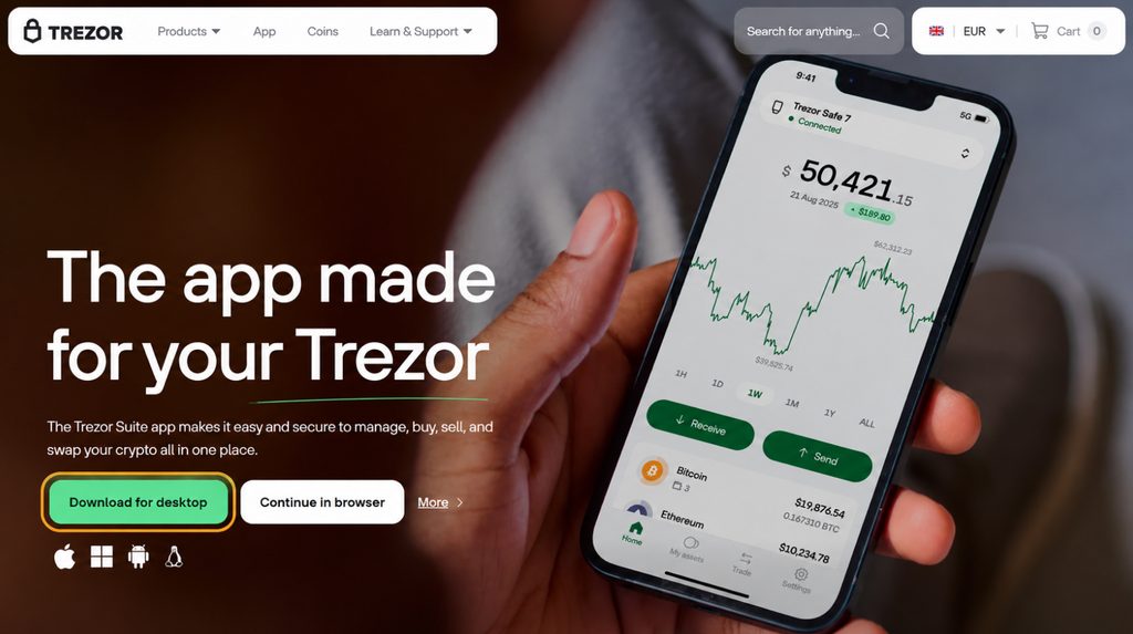 Downloading Trezor Suite from the official website using Download for desktop