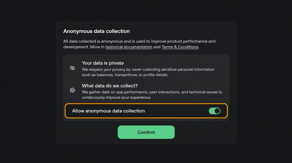 Choosing whether to allow anonymous diagnostic data collection when first opening Trezor Suite