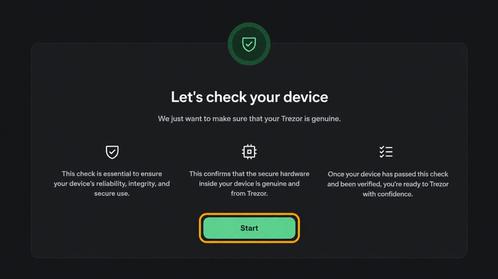Starting the Trezor Safe 7 authenticity check in Suite