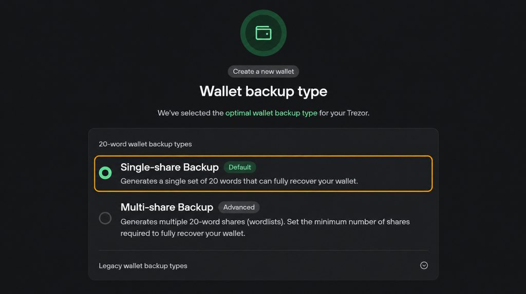 Choosing the 20-word Single-share Backup option in Trezor Suite