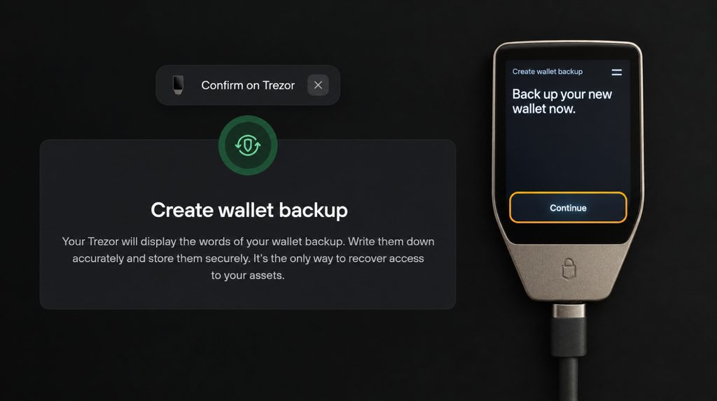 Starting the wallet backup in Suite with Back up your new wallet now displayed on Safe 7