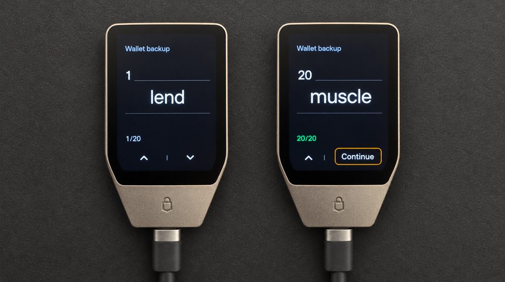 First and twentieth words of a demonstration backup on the Trezor Safe 7 screen