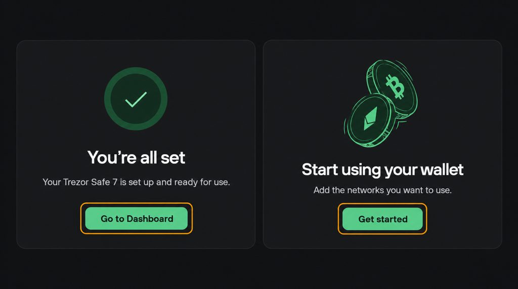 Completing Safe 7 setup and starting network selection in Trezor Suite