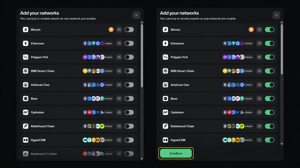Selecting and confirming cryptocurrency networks in the Add your networks window