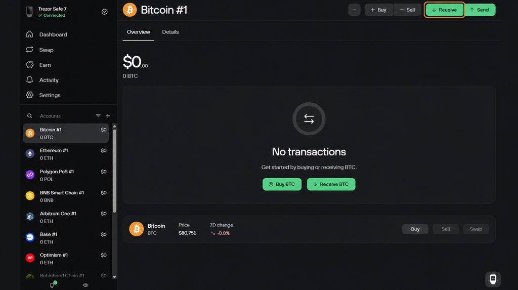 Bitcoin #1 account in Trezor Suite with the Receive button highlighted